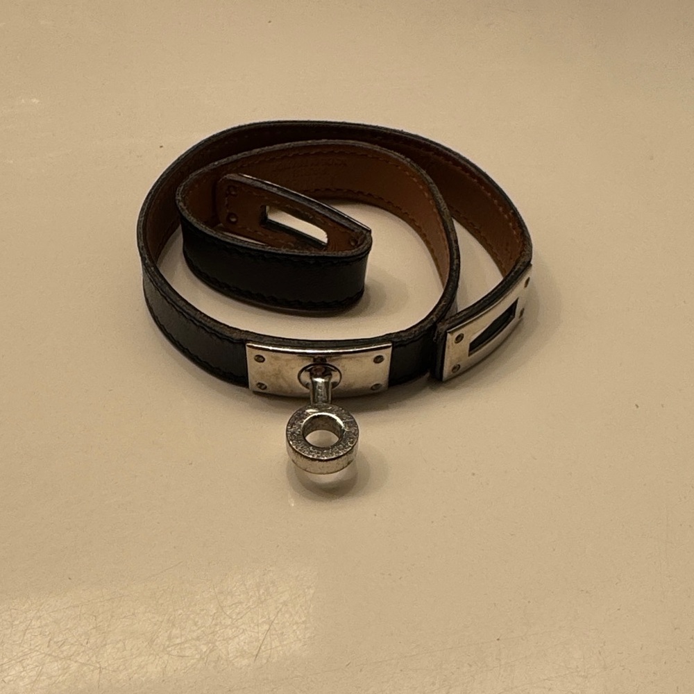 Hermes Black and Brown Leather Bracelet with Silver Charm